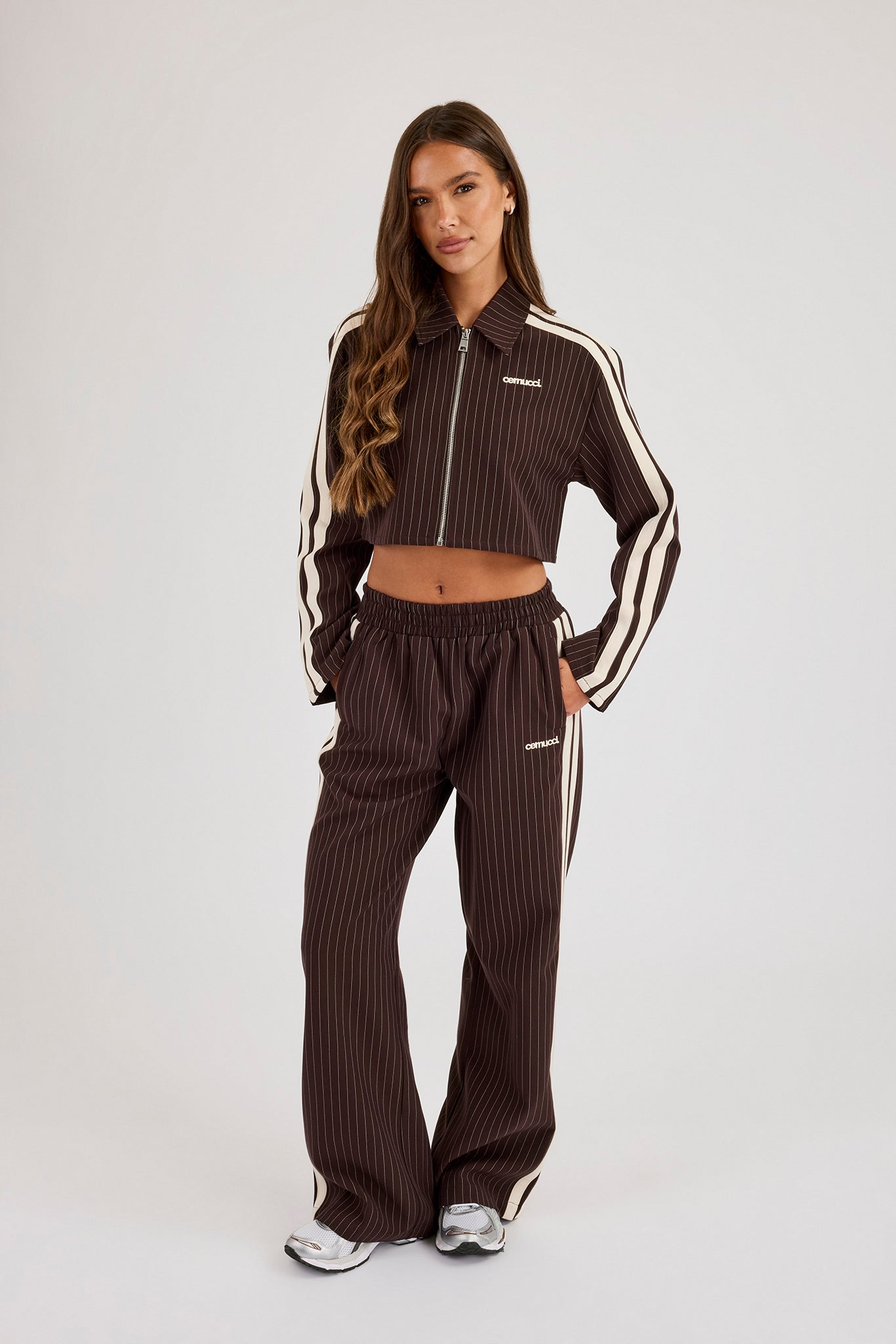 Pinstripe Taping Cropped Harrington Jacket & Wide Leg Track Pant - Chocolate
